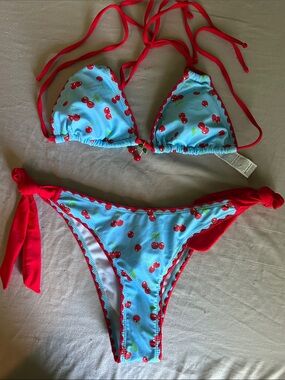 Women’s Cherry Print Bikini Set - Blue & Red